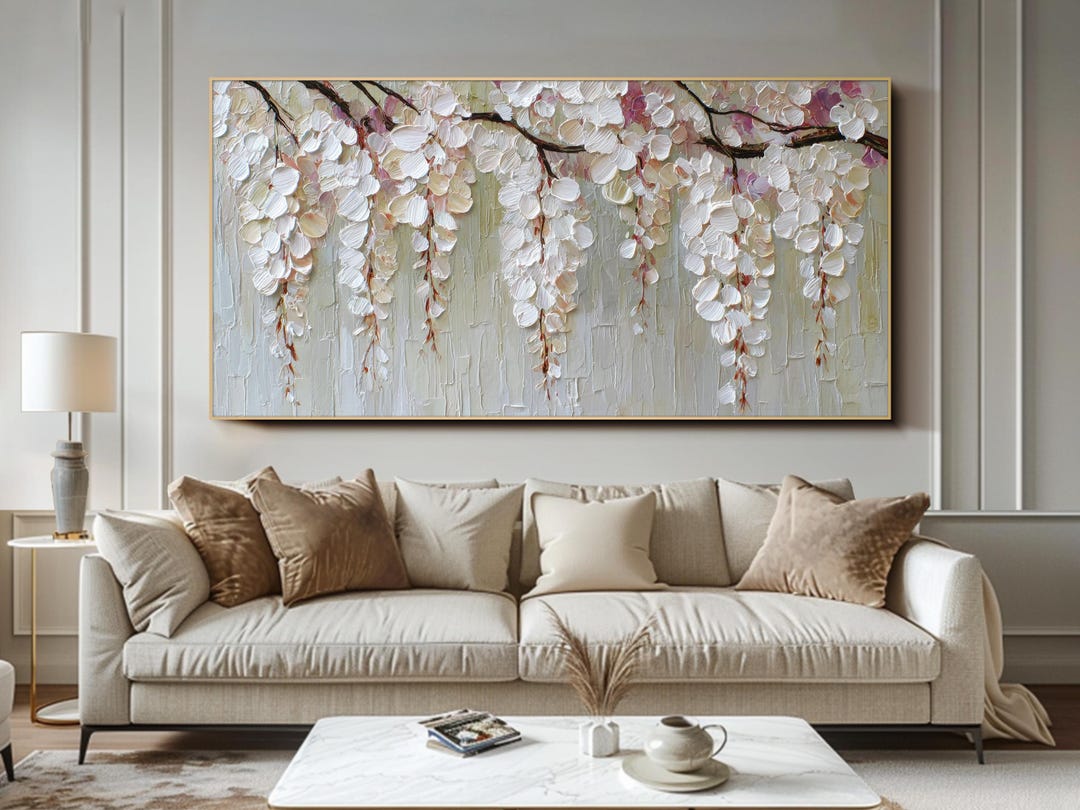 Impasto Floral Oil Painting Large Palette Knife Wall Art White Textured ...