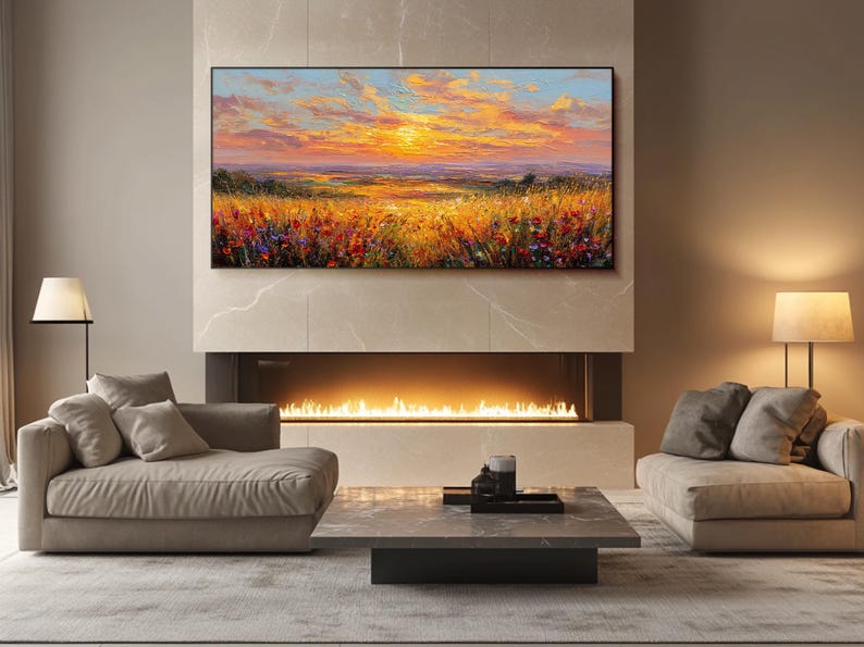 Handmade Landscape Oil Painting on Canvas Large Textured Sunset Wall ...