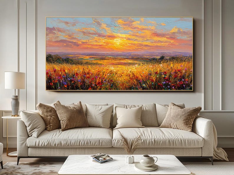 Handmade Landscape Oil Painting on Canvas Large Textured Sunset Wall ...