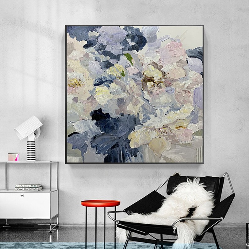 Flower Oil Painting on Canvas Abstract Blue Floral Painting - Etsy