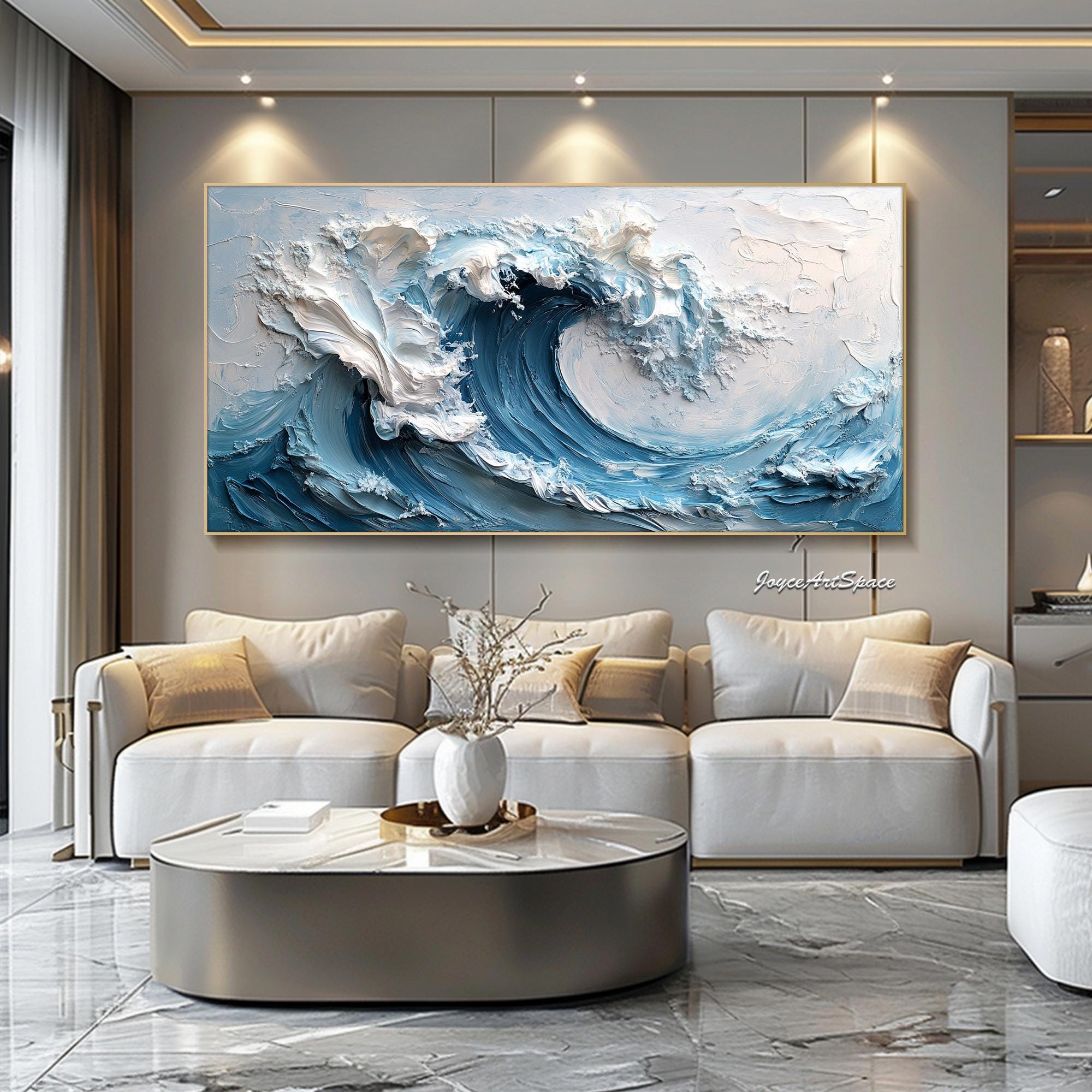 3D Textured Wall Art Original Blue Ocean Wave Oil Painting Abstract ...