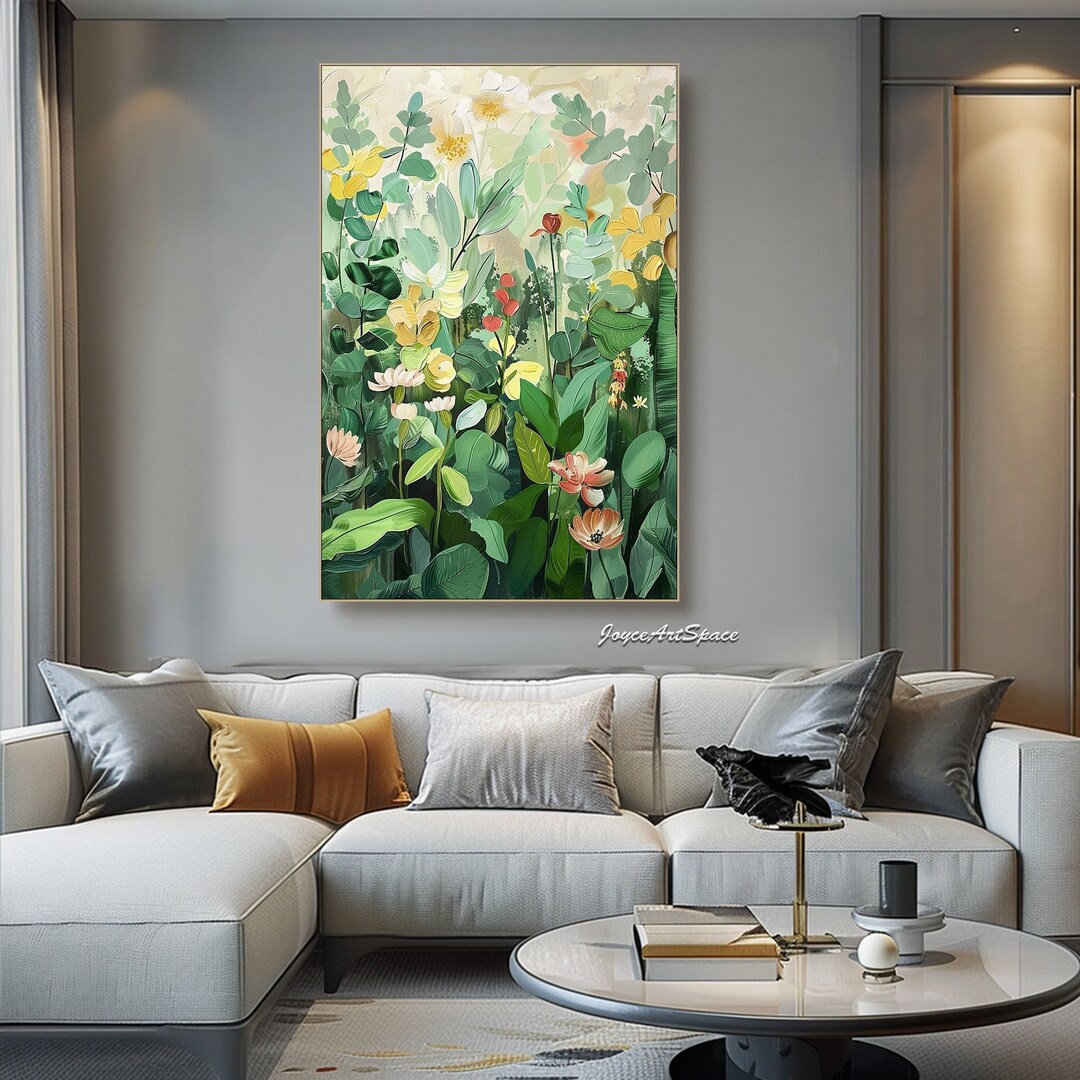 Large Green Wall Art Original Flower Painting on Canvas Spring Oil