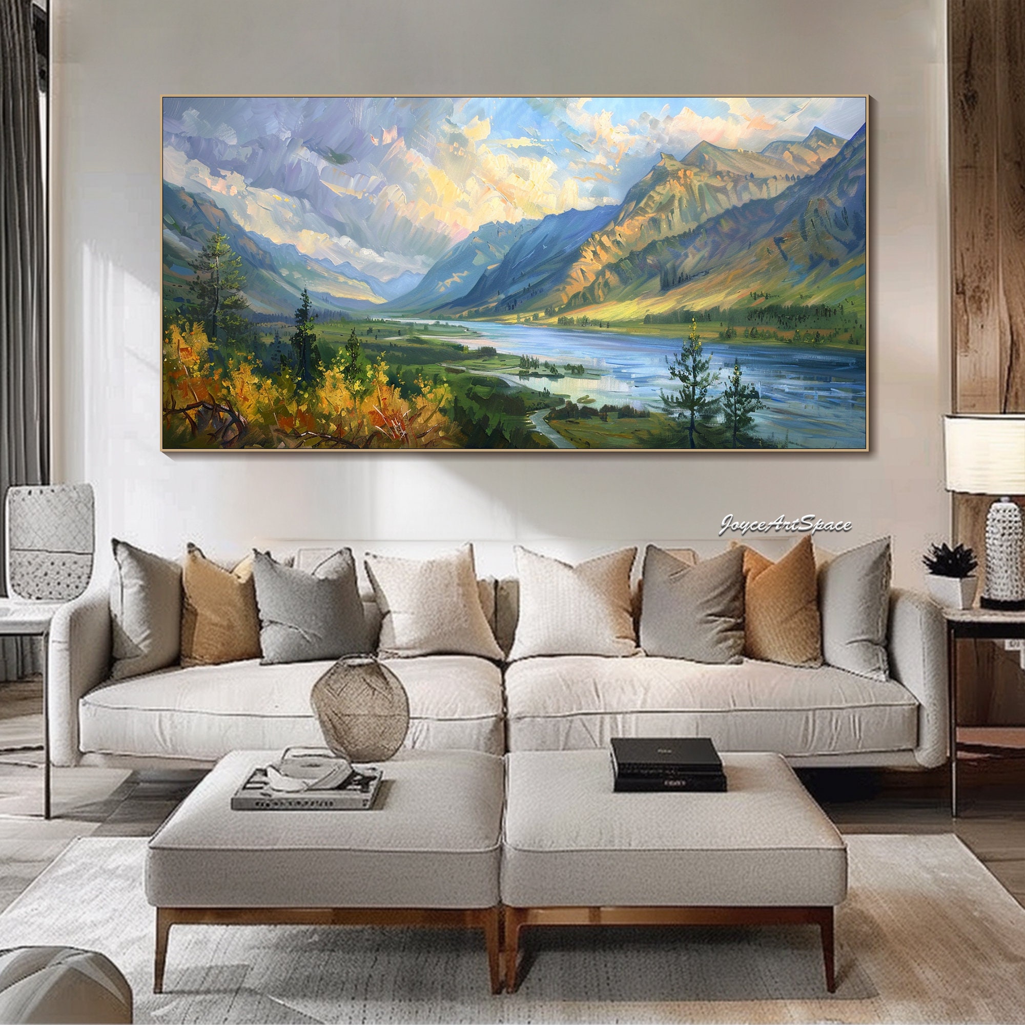 キャンバスに描かれたオリジナル風景画、抽象的な風景油絵、リビング