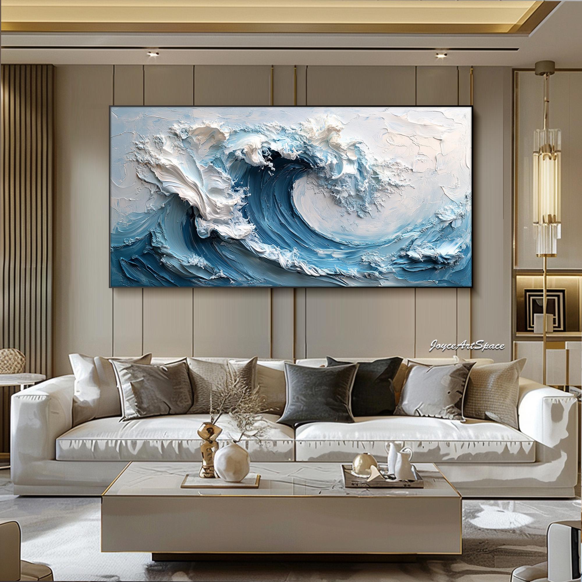 3D Textured Wall Art Original Blue Ocean Wave Oil Painting Abstract ...
