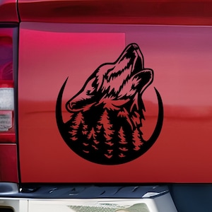 Howling Wolf Head in Forest with Half Moon Vinyl Decal Sticker for Car Window, Laptop, Tumblers and more