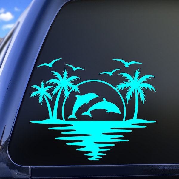 Dolphins Sunset Palm Trees Vinyl Decal Sticker