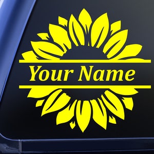 Personalized Sunflower Vinyl Decal Sticker, Split Monogram Name Decal, Flower Decal, Custom Decal