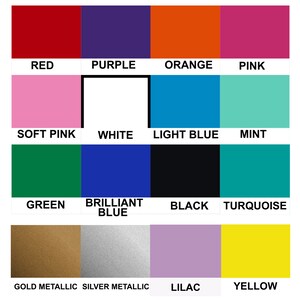 K&ouml;nnte beinhalten: Eine Farbpalette mit verschiedenen Farbt&ouml;nen: Rot, Lila, Orange, Pink, Zartrosa, Wei&szlig;, Hellblau, Mint, Gr&uuml;n, Brillantblau, Schwarz, T&uuml;rkis, Gold Metallic, Silber Metallic, Flieder und Gelb, jeweils beschriftet.