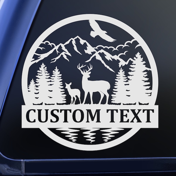 Personalized Buck Deer and Fawn Vinyl Decal Sticker with Mountains, Trees and Eagle over a River