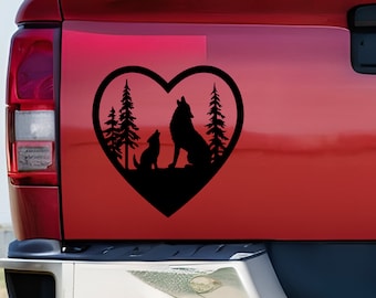 Howling Wolf and Pup Decal, Wildlife Outdoors Nature Heart Sticker