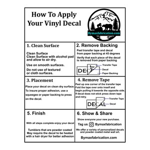 May include: A step-by-step guide on how to apply a vinyl decal. The guide includes instructions on cleaning the surface, removing the backing, placing the decal, removing the transfer tape, and finishing the application. The guide also includes a note about powder-coated tumblers and the need to use a hairdryer for better adhesion.