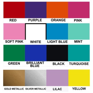 May include: A colour chart with 16 different colours, including red, purple, orange, pink, soft pink, white, light blue, mint, green, brilliant blue, black, turquoise, gold metallic, silver metallic, lilac, and yellow.