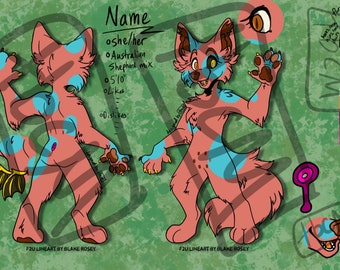 May include: A digital illustration of a pink and blue furry creature with wings. The creature is drawn in a cartoon style and has a friendly expression. The illustration includes text that says "Name", "oshe/her", "Australian Shepherd mix", "5'10", "Likes:", "Dislikes:", "Wings optional", "F2U Lineart by Blake Rosey", and "CM".