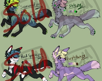 May include: Four digital illustrations of cartoon wolf pups with different colored fur and markings. The pups are in a running pose. The pups are named Seaweed, Slate, Red Sparks, and Purple Peach.