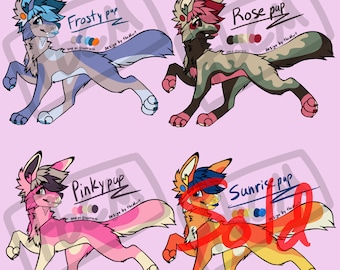 May include: Four digital illustrations of cartoon dogs with different color schemes and patterns. Each dog is in a running pose with its tongue sticking out. The dogs are labeled "Frosty pup", "Rose pup", "Pinky pup", and "Sunrise pap".