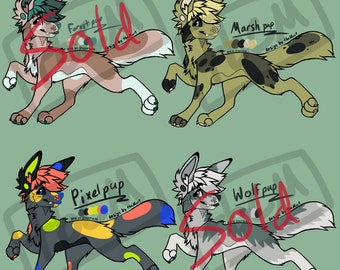 May include: Four cartoon wolf-like creatures in various colors and patterns. One is brown and white, another is green and black, a third is black with colorful accents, and the last is gray and white. The word "Sold" is written across two of the images.