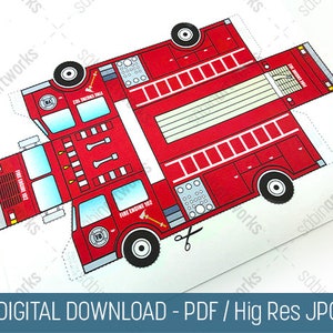 Modello giocattolo 3D camion dei pompieri rosso, camion dei pompieri in bianco e nero ritagliato, camion dei pompieri stampabile, giocattolo di carta per bambini, camion dei pompieri PDF, giocattolo di carta 3D