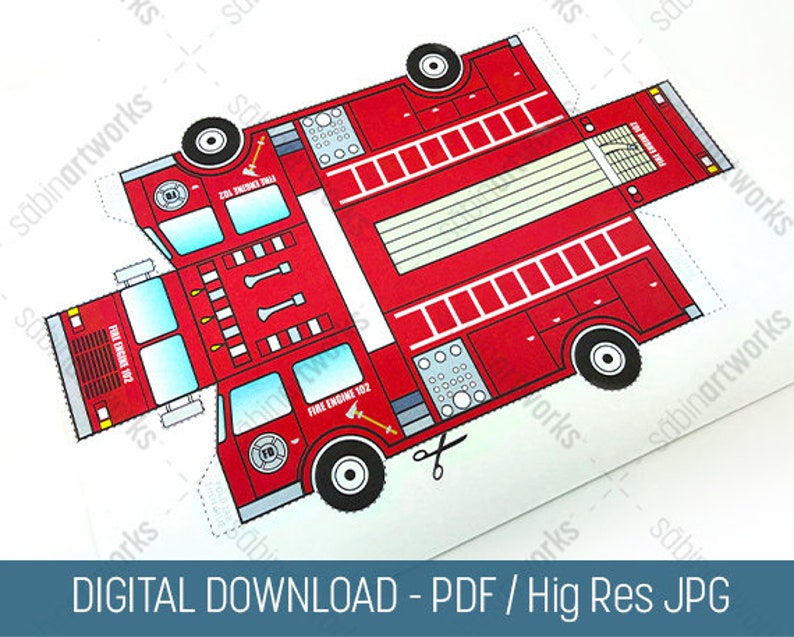 Red Fire Truck 3D Toy Model, Black &amp; White Fire Truck Cut Out ...