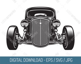 May include: Black and white illustration of a vintage hot rod car. The car has a large, rounded grille and large, round headlights. The car is drawn in a classic style, with a focus on the details of the engine and chassis.