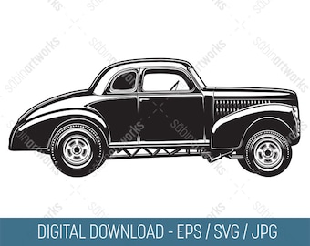 May include: Black and white illustration of a vintage car with a rounded body style. The car has a large grill and large wheels.