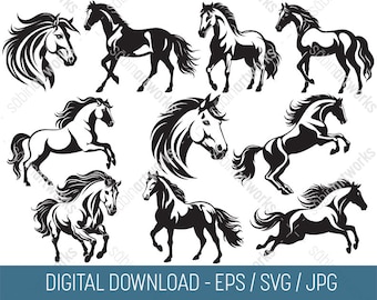 May include: A set of ten black and white silhouette images of horses in various poses. The horses are all facing different directions and have different expressions. The images are perfect for use in a variety of projects, such as scrapbooking, card making, and digital design.