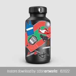 May include: Black water bottle with a red running track design and various sports-themed stickers, including a running shoe, a stopwatch, a pistol, and a hurdle.