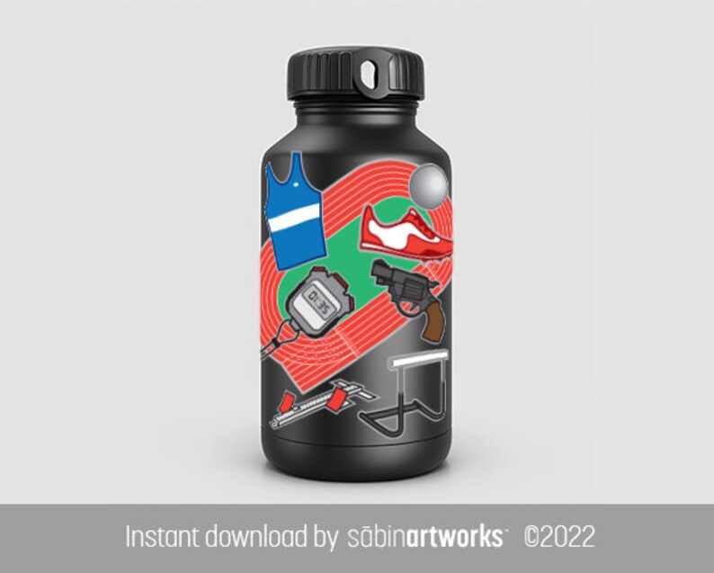 May include: Black water bottle with a red running track design and various sports-themed stickers, including a running shoe, a stopwatch, a pistol, and a hurdle.