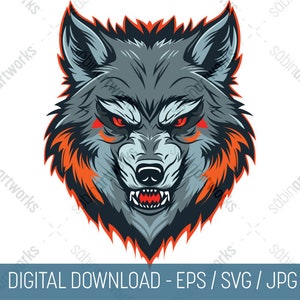 Gruseliger Wolf Kopf Illustration, druckbarer wilder Wolf Farbig SVG, Wolf Kunstdruck, Wolf Aufkleber, Wolf Clipart, Wolf Kunst Digitaler Download