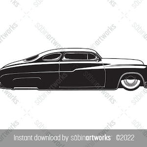 Puede incluir: Ilustración en blanco y negro de línea de arte de un automóvil antiguo con un perfil largo y bajo. El automóvil tiene un estilo de carrocería redondeado y un parabrisas grande y curvo. El automóvil está mirando hacia la derecha.