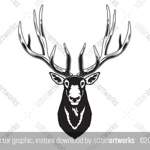 May include: Black and white silhouette of a deer head with large antlers. The deer is facing forward with its mouth closed.