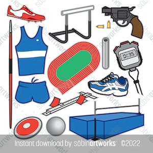 May include: A set of colorful athletic equipment, including a javelin, a high jump bar, a running track, a stopwatch, a discus, a shot put, a hurdle, a pistol, and a high jump mat.