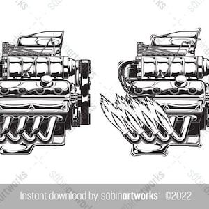 Car Engine Illustration, Supercharged Hot Rod Engine, Modified Muscle Car Motor, Isolated Car Engine with Flames, SVG File, Instant Download