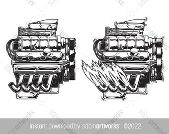 Supercharged Car Engine Illustration, Hot Rod Motor SVG (Instant Download)