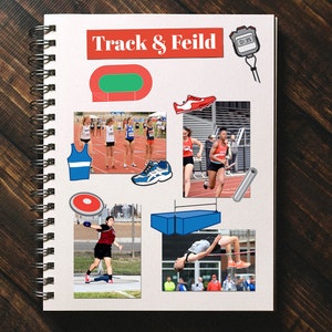 May include: A notebook with the words "Track & Feild" on the cover. The notebook is decorated with images of track and field events, including a running track, a discus throw, a high jump, and a runner with a baton. There is also a stopwatch with the time 01:35.