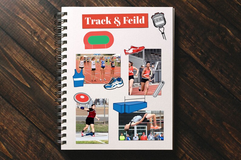 May include: A notebook with the words "Track & Feild" on the cover. The notebook is decorated with images of track and field events, including a running track, a discus throw, a high jump, and a runner with a baton. There is also a stopwatch with the time 01:35.