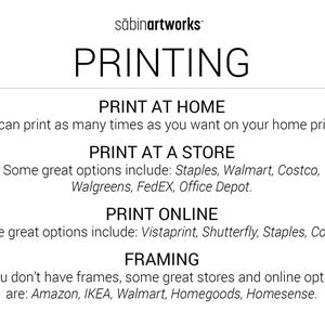 May include: A text-based graphic with the heading "PRINTING" and information about printing options at home, at a store, and online. It also includes information about framing options.