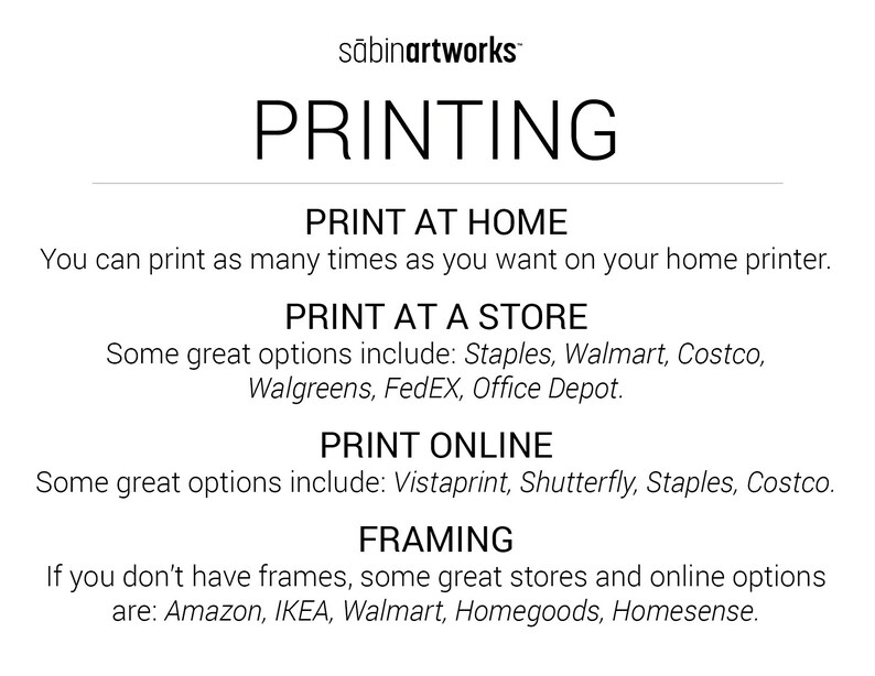 May include: A text-based graphic with the heading "PRINTING" and information about printing options at home, at a store, and online. It also includes information about framing options.