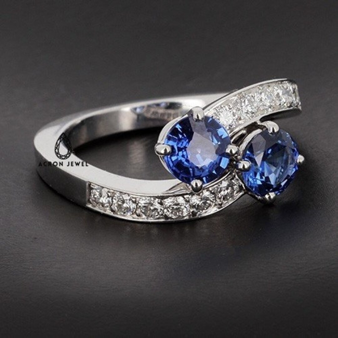 Blue Sapphire Ring Twostone Ring Round Diamond Engagement Etsy