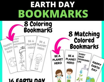 Earth Day Bookmarks Set - 16 Coloring & Colored Bookmarks,  Earth Day Printables