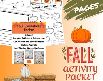 Fall Fun Worksheet Packet for Kindergarten: Math, CVC Words, Word Families, Writing Prompts, Number Match Up