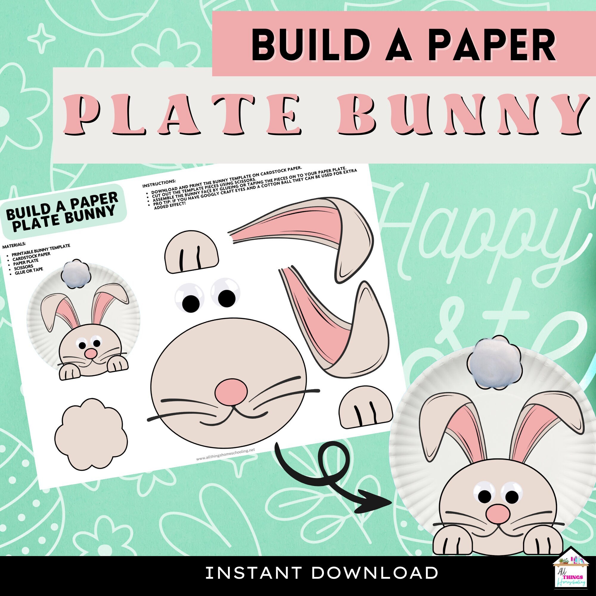 Build A Craft Printable, Paper Plate Bunny Craft for Easter or