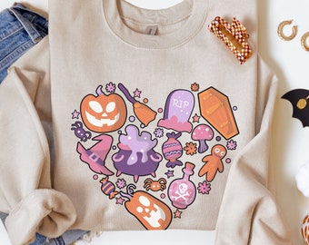 Halloween Doodles Heart Sweatshirt, Spooky Gift for Halloween, Cute Pumpkin Crewneck, Halloween Witchy Hoodie, Pink Ghost Doodles Shirt Moms