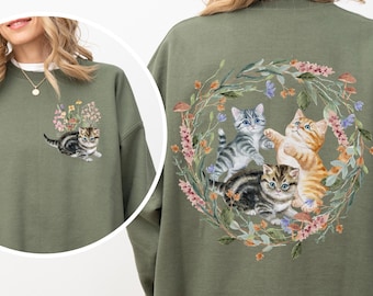 Kittens Cottagecore Sweatshirt, Wildflower Cat Lover Shirt, Floral Vintage Watercolor Cat Crewneck, Floral Kitten Sweatshirt, Cat Mom Gift