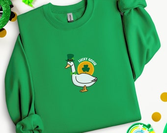 Lucky Goose Sweatshirt, St Patricks Day Sweater, Silly Goose St Pattys Day, Lucky Shamrock Goose Shirt, Funny Irish Clover Sweatshirt Gift