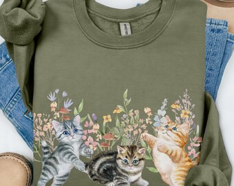 Vintage Kitten Sweatshirt, Floral Cat Sweater, Cottagecore Crewneck for Cat Mom, Watercolor Flowers Shirt, Kitten Lover Sweatshirt for Her