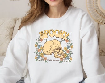 Spooky Skull Sweatshirt, Halloween Crewneck, Spooky Season Pullover, Halloween Crewneck Gift, Skeleton Shirt , Autumn Tshirt, Retro Flowers