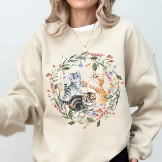 Cottagecore Kitten Sweatshirt, Vintage Kitten Crewneck, Watercolor Cat Lover Shirt, Floral Kitten Sweater, Retro Floral Kitten Sweatshirt