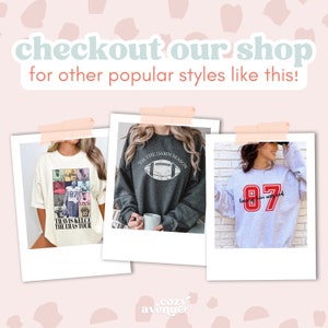 May include: Three different styles of sweatshirts featuring football-themed designs. The first sweatshirt is cream colored with a collage of football players. The second sweatshirt is gray with the text "Tis the Damn Season" and a football graphic. The third sweatshirt is light gray with the number "87" in red.