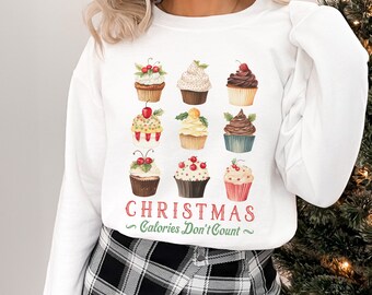 Retro Cupcakes Christmas Sweatshirt, Calories Don't Count Crewneck, Vintage Style Funny Shirt, Xmas Gift for Her, Christmas Sweatshirt Funny