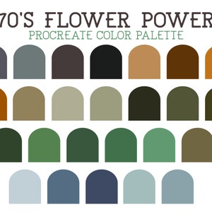 70&#39;s Flower Power - Procreate Color Palette - Muted Tones - Green & Orange - Adobe Illustrator Color Palette Hex Codes